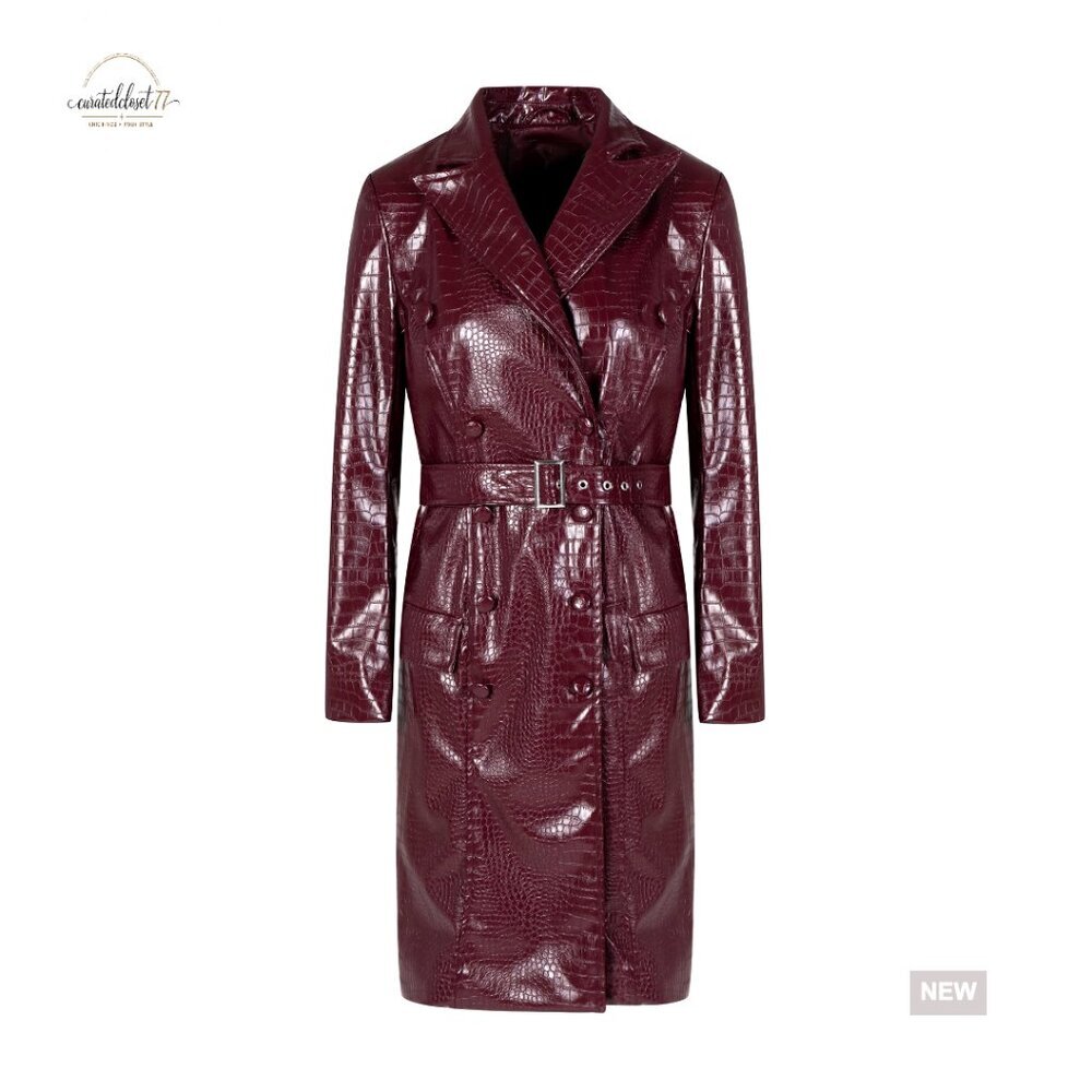 Oversized Faux Leather Trench Coat Classic Notch Lapel Slim Fit Belted Jacket - Picture 1 of 7